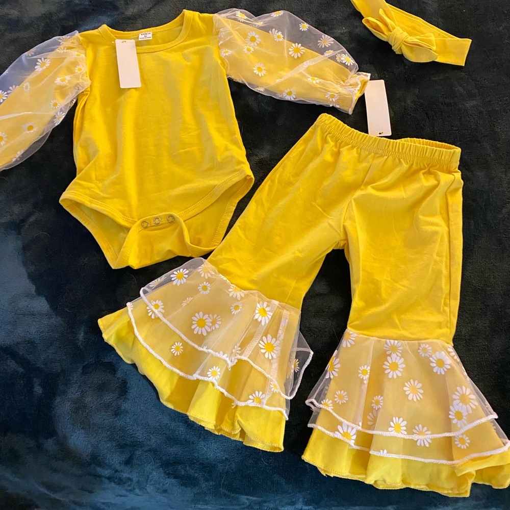 SHEIN Yellow Daisy Mesh-Sleeve Baby Girls Matching Set with Headband 12-18mo NWT